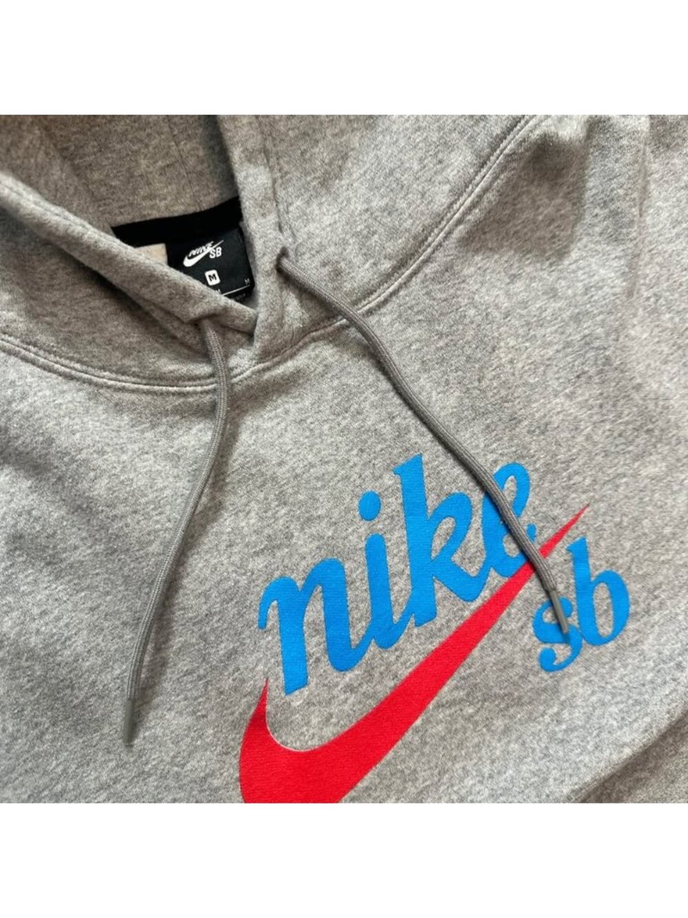 Nike SB Graphic Logo Hoodie Sweatshirt Grey Fleece Pullover Cinch Hood Medium